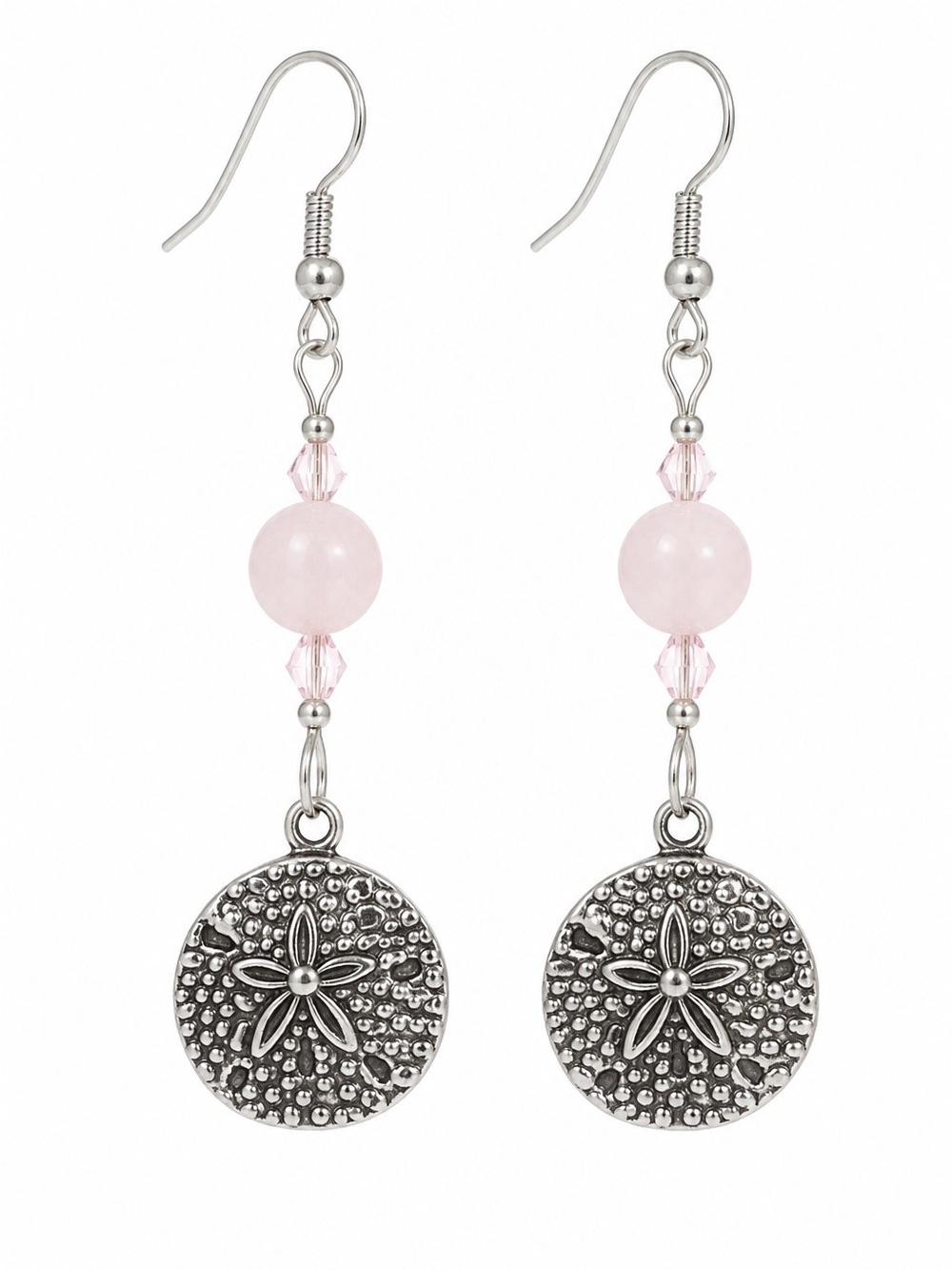 Antique Silver Sand Dollar Earrings with Pearl Pink Glass and Pale Pink Crystal